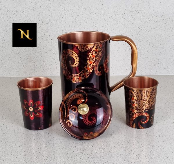 Black flower printed Pure Copper Jug and Set of 2 matching pure copper glasses, Matching Jugs and Glass Set. Pure Copper printed Jugs and Glass Set