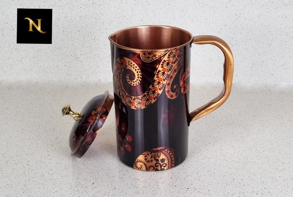 Black flower printed Pure Copper Jug or Water pitcher, Matching Jugs and Glass Set. Pure Copper printed Jugs 1.5 Litre Medium