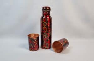Set of Red Art Printed Copper Bottle 950ml and 2 matching Copper Glasses
