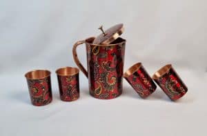 Set Of Large Red Art Printed Copper Jug 2L And 4 Matching Copper Glasses