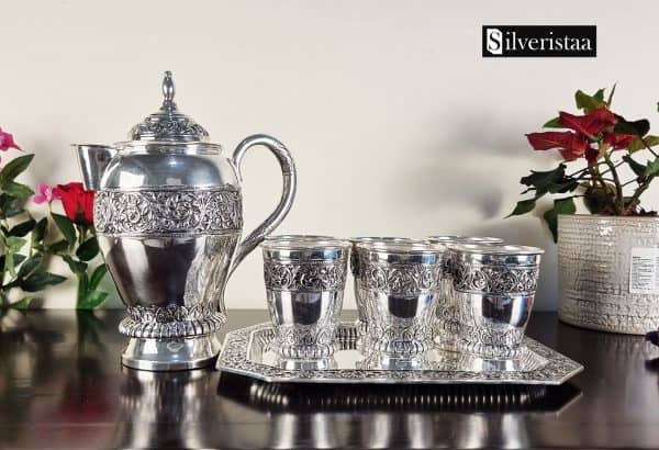 Sterling Silver Jug Set, Pure Silver Jug, glass and tray set, Pure silver drinkware set, Real silver Jug, glass and tray set, Pure silver jug, tray and 6 glass set