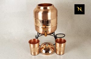 Pure Copper Water Dispensing Pot with Stand and Copper coated tap, Copper sequential pot, Pure copper water sequence pot, Copper water benefits, benefits of water stored in copper vessels, Water dispenser with matching glasses, pure copper dispenser and glass set
