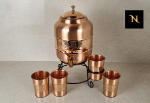 Pure Copper Water Dispensing Pot with Stand and Copper coated tap, Copper sequential pot, Pure copper water sequence pot, Copper water benefits, benefits of water stored in copper vessels