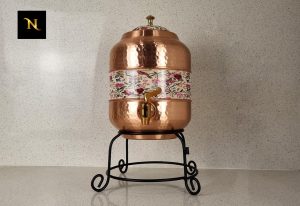 Pure Copper Meena Water Dispenser, Meena Copper Dispenser, Printed Pure Copper Dispenser, Pure Copper Dispenser with Tap and Stand
