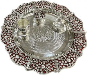 Silver Puja thali, silver puja thali set. Pure Silver Pooja Thali complete set, Silver prayer set